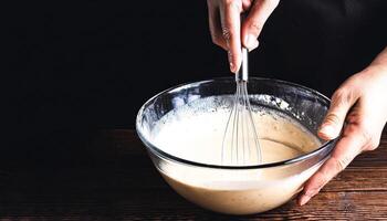 Close-up of a hand whisking batter in a glass bowl photo