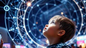 Curious Child Looking Up at a Geometric Light Display photo