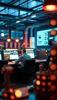 Man working in a dimly lit office with computers photo