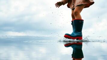 Child in Rain Boots Splashing in Puddle photo