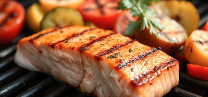 Closeup of Grilled Salmon on Barbecue Grill photo