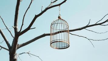 Empty Bird Cage Hanging From Bare Tree Branch photo