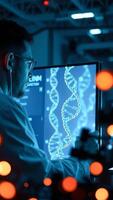 Scientist Analyzing DNA Structure on Computer Screen photo