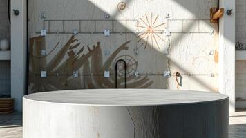 White wooden table top with abstract pattern in the background photo