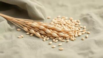 Wheat stalks and grains on beige cloth photo