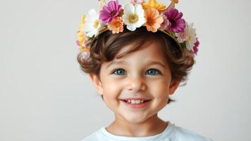 Portrait of a smiling child wearing a flower crown photo