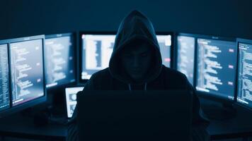 Hacker working on a computer in a dark room photo