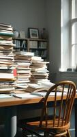 Stack of Books and Open Book on a Wooden Table with a Wooden Chair photo