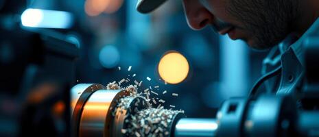 Close up of a man's face while using a lathe photo