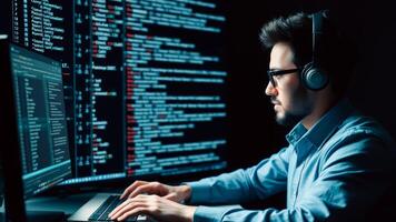 Programmer Working on Code at Night photo