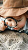 Curious child exploring the world with a magnifying glass photo