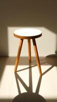 Wooden stool with white top casting a shadow on a light colored floor photo