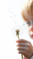 Closeup of a hand holding a dandelion with seeds blowing away photo