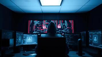 Hacker in a Dark Room Working on Multiple Screens photo