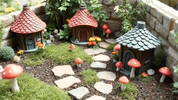 Miniature Fairy Garden with Stone Path, Tiny Houses, and Mushrooms photo