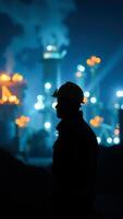 Silhouette of a worker in a hard hat, standing in front of a factory at night photo