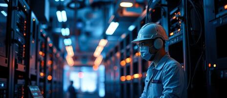 Technician working on a server rack in a data center photo