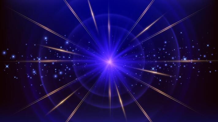 Diagonal golden lines with blue glowing circle, light beam and glitter light effects elements on dark blue background