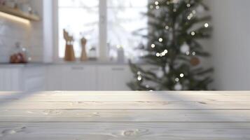 Christmas tree on an empty wooden tabletop with a cozy kitchen background, bathed in warm sunlight on a winter day photo