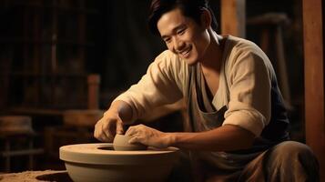 Young artisan meticulously molds a clay lump on a rotating pottery wheel in his studio, bathed in cozy illumination photo