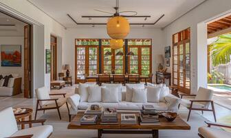 Elegant open concept living room with a white couch and a picturesque pool view from the french doors photo