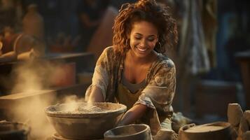 Happy young latin potter joyfully blending sand in her charming studio, presenting her art with a smile photo