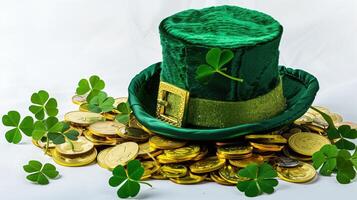 Green leprechaun hat rests on a mound of gold coins with scattered shamrocks, embodying the essence of st. Patrick's day photo