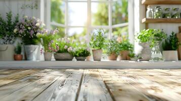 Rustic wooden table top with a blurred window view of fresh flowers in a modern farmhouse kitchen, illuminated by natural sunlight photo