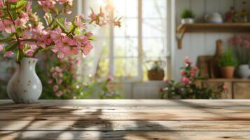 Sunlit wooden table with pink flowers in a blurry kitchen background, ideal for showcasing products photo