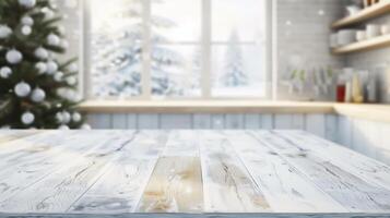 Ideal for product placement white wooden table with a blurred christmas kitchen background photo