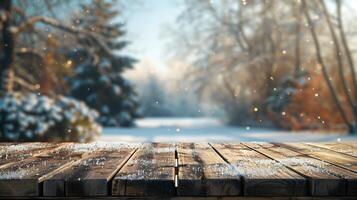 Snow-covered wooden table in serene winter scene with blurred background. Ideal for festive celebrations or cozy displays. Evokes magical atmosphere for product presentations photo