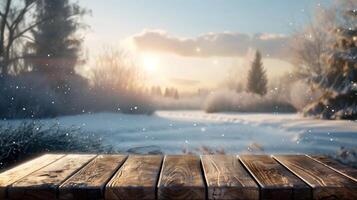 Snowflakes blanket a wooden surface, creating a stunning winter scene at sunset photo