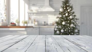 Blurred christmas kitchen background behind empty white wooden tabletop, ideal for product display montage photo