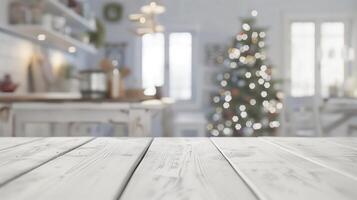 Bright christmas kitchen with a white wooden table perfect for product placement photo