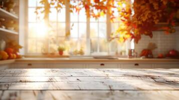 Empty wooden table illuminating by sunlight in blurred autumn kitchen background, product montage display photo