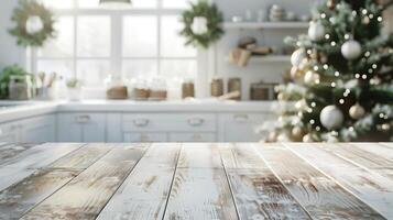 Blurred christmas kitchen background with empty wooden tabletop, ideal for product placement photo