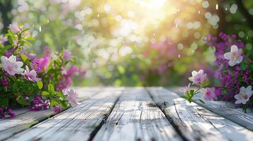 Spring garden with blooming flowers and sunlight on empty wooden tabletop photo