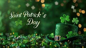 Festive saint patrick's day atmosphere leprechaun hat resting on a bed of shamrocks surrounded by golden bokeh lights photo