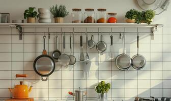 Sunlit modern kitchen with neatly displayed utensils on wall shelf photo