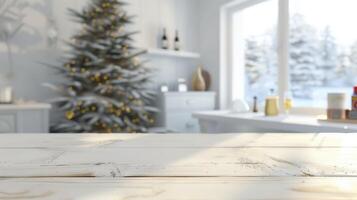 Empty wooden table illuminating by sunlight with christmas tree background for product display photo