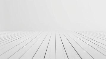 Interior design background featuring an empty room with white wooden floor and wall, perfect for product display photo