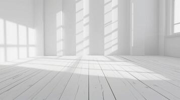 Sunlight is casting shadows from windows in an empty white room with white wood floor photo