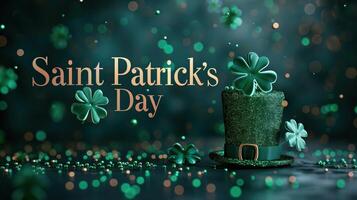Festive saint patrick's day scene with a green leprechaun hat and falling shamrocks creating a lively atmosphere photo