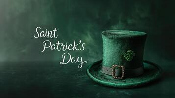 Leprechaun hat placed on a green backdrop with the words st. Patrick's day overlaid photo