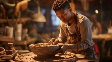 In his workshop, a young potter skillfully molds a clay bowl on a pottery wheel photo