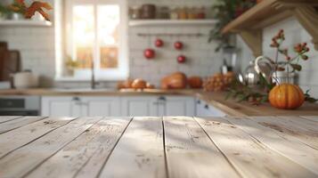 Autumn kitchen background with pumpkins and a sunlit wooden table for product display montage photo
