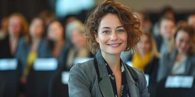 Successful businesswoman exudes confidence and happiness while engaging with diverse professionals in a busy conference room within a dynamic work setting photo