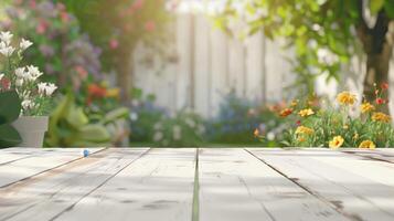 Beautiful garden background with flowers on an empty white wooden tabletop, ideal for showcasing products photo