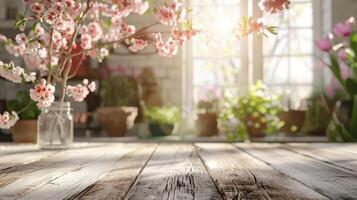 Empty wooden tabletop with spring flowers and sun shining through window in the background, perfect for product placement photo