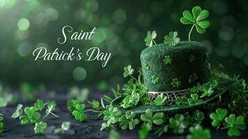 Saint patrick's day greeting card with a leprechaun hat decorated with shamrocks, on a green background with bokeh photo